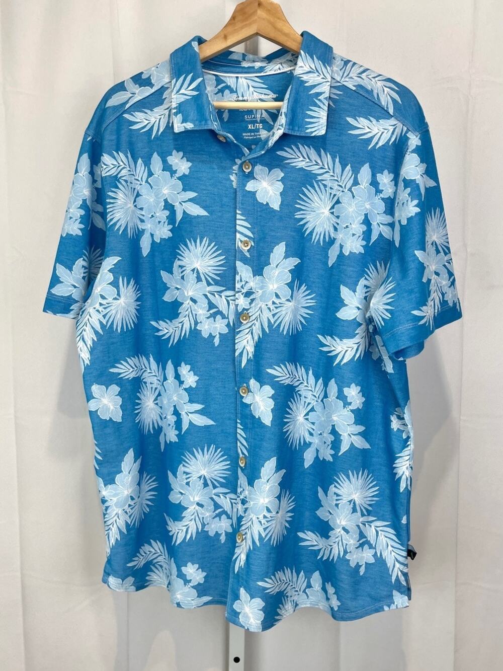 TOMMY BAHAMA Supima Knit Short Sleeve Shirt Button Up Blue White Size XL